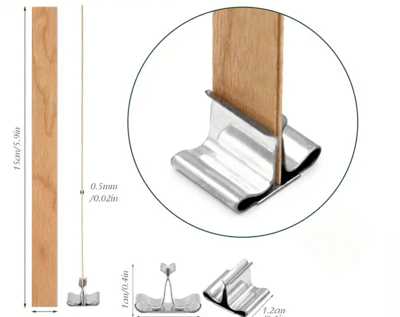 Holzdochte mit Metallfuß und Klebepunkt – 5 Stück